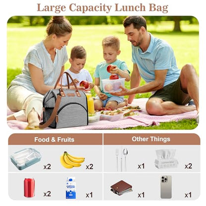 LOKASS Lunch Bag Insulated Lunch Box Wide-Open Lunch Tote Bag with Removable Shoulder Strap for Women/Men Adults Work Picnic Hiking Beach Fishing(Stripes) - color: Black&White Stripes-Straps