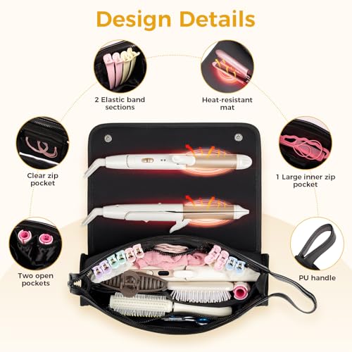 JKAOO Hair Tools Travel Bag and Heat Resistant Mat, 2 in 1 Portable Organizer Hair Travel Case for Curling Iron, Hair Straightener, Flat Irons, PU Hangable Handle, Neoprene (Elegant Black) - color: Elegant Black