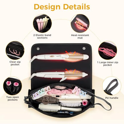 JKAOO Hair Tools Travel Bag and Heat Resistant Mat, 2 in 1 Portable Organizer Hair Travel Case for Curling Iron, Hair Straightener, Flat Irons, PU Hangable Handle, Neoprene (Elegant Black) - color: Elegant Black