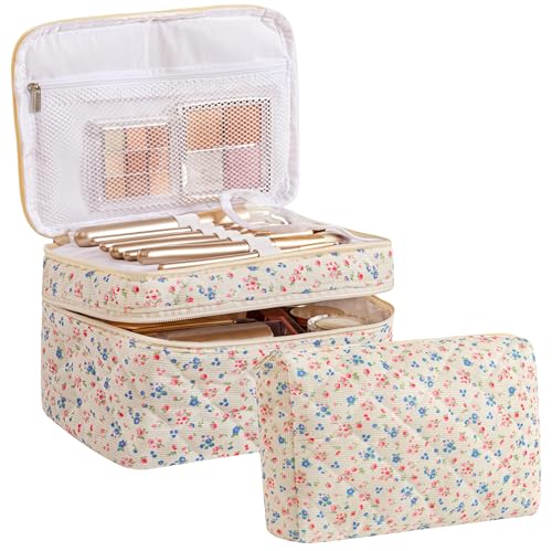 HBselect 2Pcs Travel Makeup Bag, Large Cotton Quilted Makeup Bag Cosmetic Bag Cute Make up Bag Toiletry Bags for Women Girls - color: 2PCS-FLOWER3