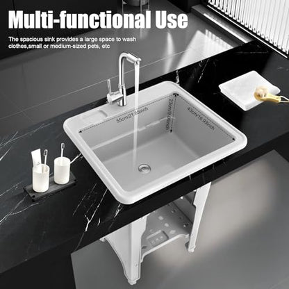 Utility Sink Laundry Tub with Washboard, Freestanding Plastic Laundry Sink with Cold & Hot Water Faucet, Indoor Outdoor Utility Sink for Laundry Room, Garage, Garden (25.6x21.65x31.5 Inch) - color: Gray, 25.6 x 21.7 x 31.5in