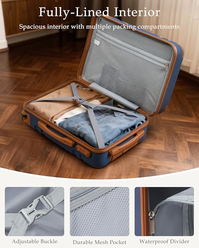 LONG VACATION Luggage Sets 5 Piece, Suitcases With Wheels, PC+ABS Hardshell Luggage Set with Spinner Wheels, TSA Lock (Navy Brown) - color: Navy Brown, size: 5 Piece Set (20, 24, 28 Inch)