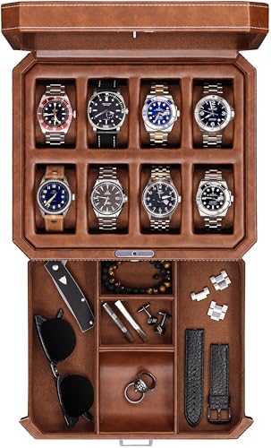 ROTHWELL 8 Slot Leather Watch Box with Valet Drawer - Luxury Case Display Jewelry Organizer, Locking Display Case Holder, Real Glass Top - Watch Box Organizer for Men & Women (Tan/Brown) - color: 8 Slot - Tan/Brown