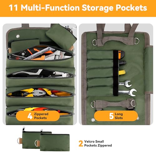 Roll Up Tool Bag, Heavy Duty Roll Up Tool Bag Organizer, Motorcycle Tool Roll Bag Organizer, Foldable Portable Tool Bags, Men's Gift Suitable for Mechanics Welding Electricians (Green)