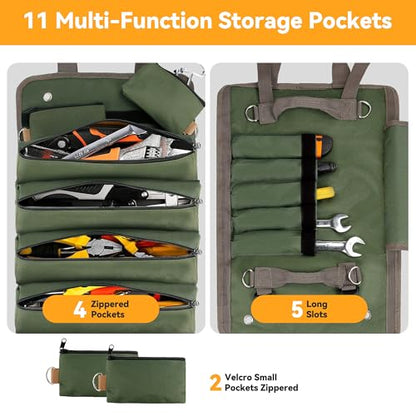 Roll Up Tool Bag, Heavy Duty Roll Up Tool Bag Organizer, Motorcycle Tool Roll Bag Organizer, Foldable Portable Tool Bags, Men's Gift Suitable for Mechanics Welding Electricians (Green)
