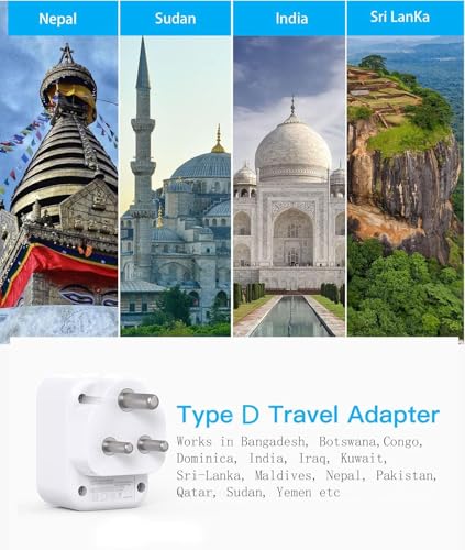 HANYCONY US to India Plug Adapter, Type D Travel Adapter with 3 Outlets 4 USB Ports(2 USB C), India Power Travel Adapter for USA to India, Bangladesh, Maldives, Pakistan - style: Type D - India Maldives