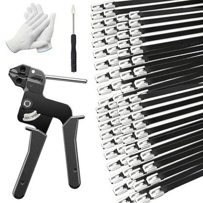 500 PCS 11.8 Inch Black Galvanized Steel Cable Ties Kit with Cable Tie Gun, Screwdriver and Protective Gloves, Heavy Duty 304 Metal Zip Ties Complete Tool Set for Industrial, Automotive, Fence Use - color: Black, size: 500PCS 1.81x11.8 Inch