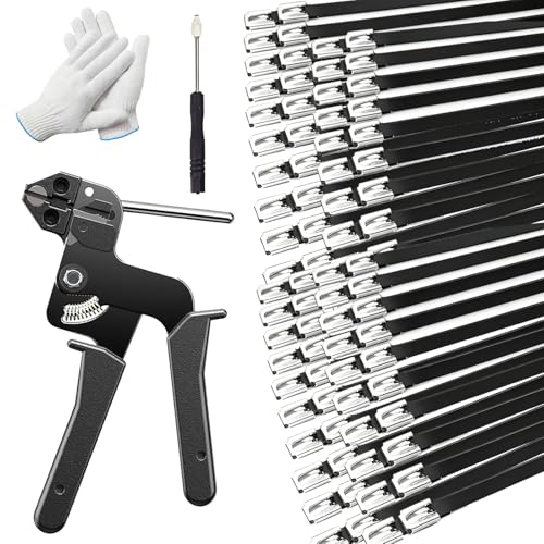500 PCS 11.8 Inch Black Galvanized Steel Cable Ties Kit with Cable Tie Gun, Screwdriver and Protective Gloves, Heavy Duty 304 Metal Zip Ties Complete Tool Set for Industrial, Automotive, Fence Use - color: Black, size: 500PCS 1.81x11.8 Inch