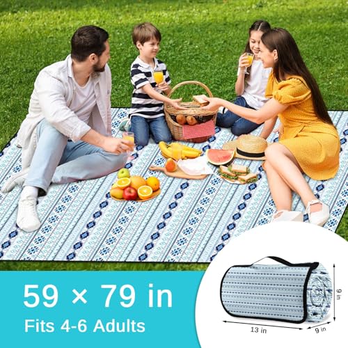 Waterproof Picnic Outdoor Blanket, 79" x 59" Sandproof Foldable Large Picnic Blanket for Beach, Camping, Park, Travel, Concert, Great Gift for Families and Couples (Bohemian Blue) - color: Bohemian Blue