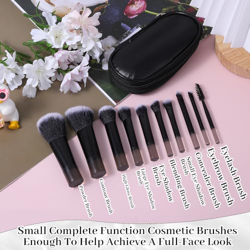 10 Pcs Mini Travel Makeup Brushes Set with Pouch, Short Handle Makeup Brushes for Women Girls Portable Full Complete Function Cosmetic Kit Brush Blush Powder Eye Shadow Black - color: Black