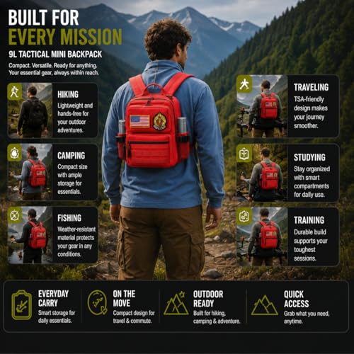 9L Mini Tactical Backpack for Men Women,Small Military Tactical Backpack for Sport,Gym,Hiking,Travel,Camping(Red) - color: Red