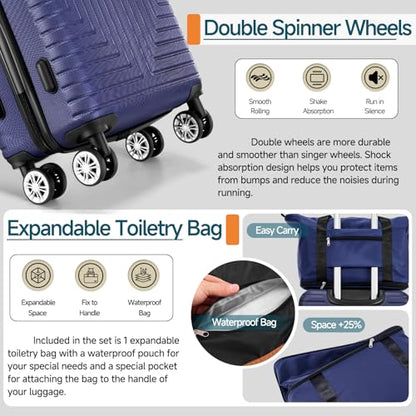 Hoteel Luggage Sets 5 Piece, 4-Year Warranty, Durable Suitcase Set with Spinner Wheels, ABS+PC Hard Shell Lightweight Luggage with TSA Lock, Large Checked Travel Suitcases, Dark Blue((20/24/28/DB/TB) - color: Dark Blue, size: 20/24/28/TB/（DB/BP）