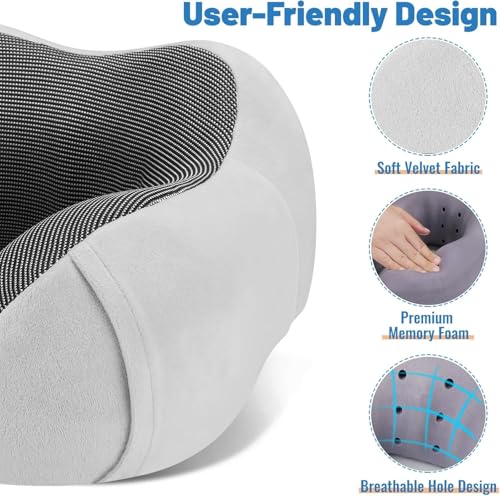 CloudBliss Travel Pillow for Plane, Memory Foam Neck Pillow for Traveling, Airplane Pillow with Eye Mask, Earplugs, Storage Bag, Compact Neck Pillow for Long Flight Sleep, Travel Essentials Light Grey - color: Light Grey