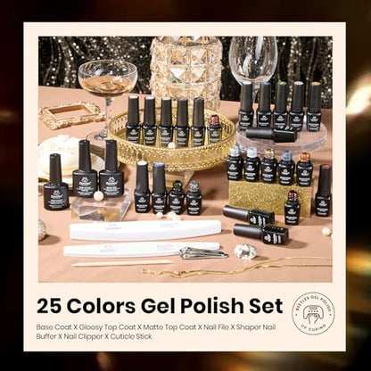 beetles Gel Polish Set - Gel Nail Polish Kit Gilded Veil 25 Colors Black White Burgundy Blue Nude Grey Green Glitters UV Led Nail Polish with Top Base Coat Soak off Nail Art Gift for Women - color: 0- Gilded Veil collection