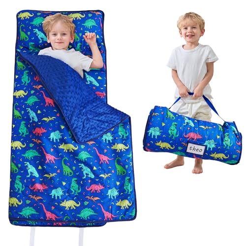 Lasoftan Toddler Nap Mat with Pillow and Blanket, Extra Large Rolled Napping Mats,Slumber Bags for Boys Girls,Kids Sleeping Bag for Daycare, Preschool Travel Camping - color: Blue Dinosaur