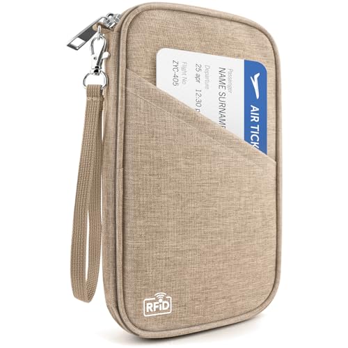Passport Holder Family RFID Travel Document Organizer for Women Waterproof Passport Wallet Men Portable Case for Cards, Boarding Pass, ID, Money, Tickets with Zipper - color: A-Family-Light Khaki