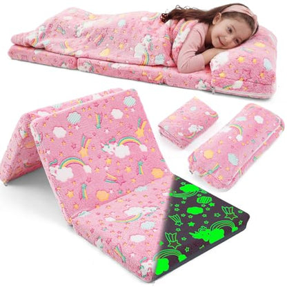 Preschool Nap Mat with Pillow and Blanket, 21" x 50" Glow Sleeping Bag Toddler Nap Mat for Daycare Kids, 2" Thick All in one Foldable Floor Mattress for Girl Boys - style: Rainbow Pattern