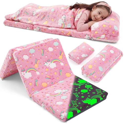 Preschool Nap Mat with Pillow and Blanket, 21" x 50" Glow Sleeping Bag Toddler Nap Mat for Daycare Kids, 2" Thick All in one Foldable Floor Mattress for Girl Boys - style: Rainbow Pattern