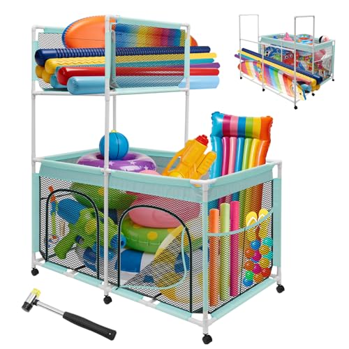 Pool Float Storage Bin 271 Gallon - 2-in-1 XX-Large Outdoor Pool Toy Storage Holder for Raft Noodles Inflatables Towels Balls, 9 Wheels Mesh Rolling Organizer Car Bin for Swimming Equipments