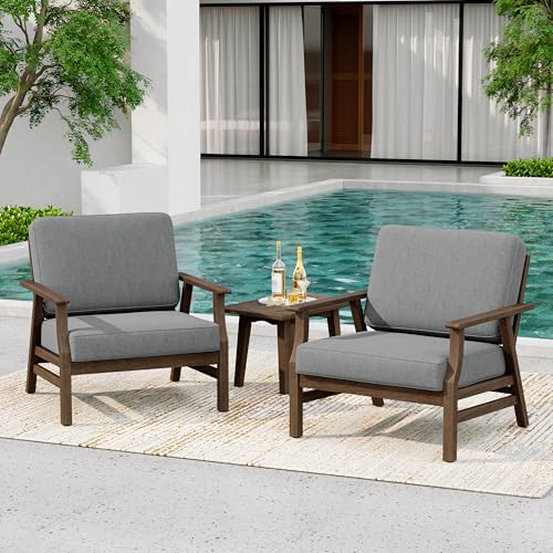 3 Piece Wood Patio Chair Outdoor Bistro Set, Outdoor Armchair All Weather Patio Sofa Furniture Backyard Conversation Sets with Wooden Side Table, Gray - color: Grey, size: 3PCS