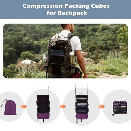 Surblue Hanging Travel Organizer Portable Hanging Luggage Organizer Multiple Compartments Collapsible Compression Closet Packing Cubes,Purple,S - color: Purple, size: Small