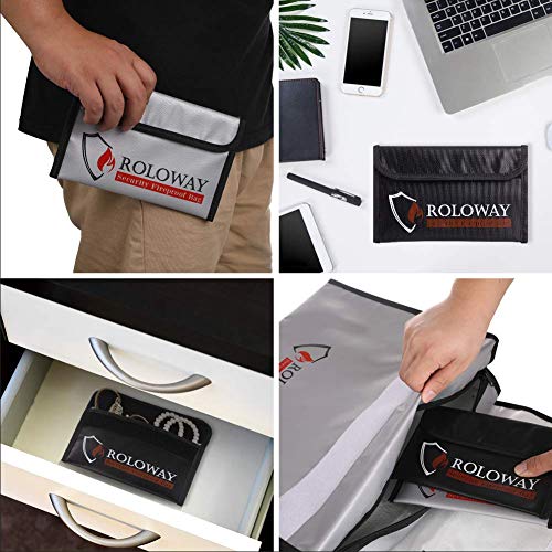 ROLOWAY Small Fireproof Bag (5 x 8 inches), Non-itchy Fireproof Money Bag for Cash, Valuables, Passport, Currency & Keys (2-Pack) - size: 8 x 5 inch, style: Silver & Black Bag