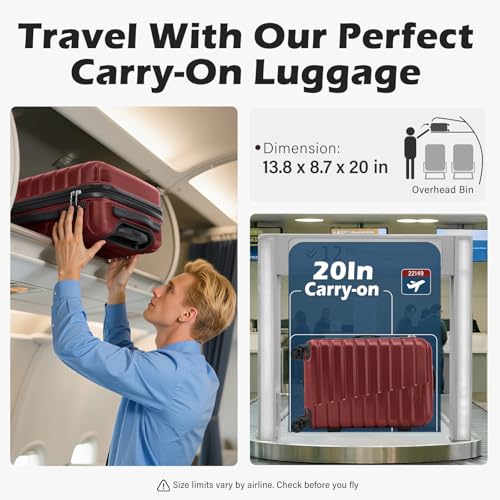 Coolife Carry On Luggage Airline Approved with Spinner Wheels, Hard Shell Suitcase TSA Lock Lightweight Travel Luggage 20-inch,Wine Red - color: wine red, size: Small(20in)