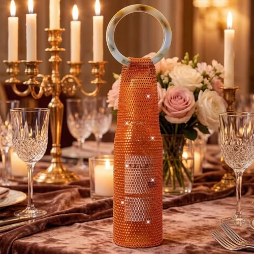 Wine Pouch Mesh Bag, Resin Handle Wine Bag, Sparkly Rhinestone Handwoven Mesh Bags, Party Water Bottle Bags Accessory, Daily Housewarming Party Use - color: Orange Red