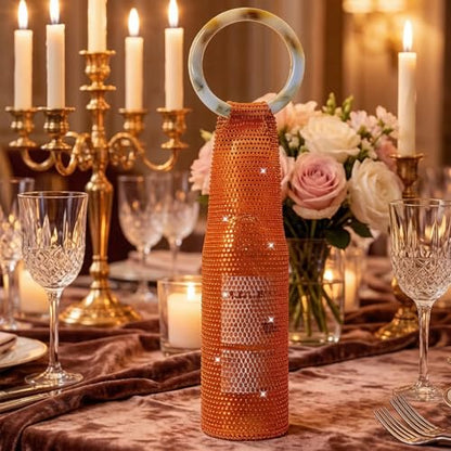 Wine Pouch Mesh Bag, Resin Handle Wine Bag, Sparkly Rhinestone Handwoven Mesh Bags, Party Water Bottle Bags Accessory, Daily Housewarming Party Use - color: Orange Red