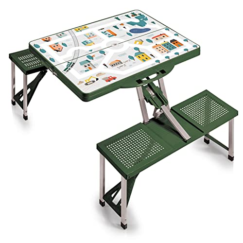 Picnic TIME Portable Folding Picnic Table with Seats for 4, Collapsible Aluminum Table with Benches & Umbrella Hole, Lightweight Foldable Table for Camping, Travel, Backyard, Tailgating | with Umbrella Hole - color: Play Town - Green