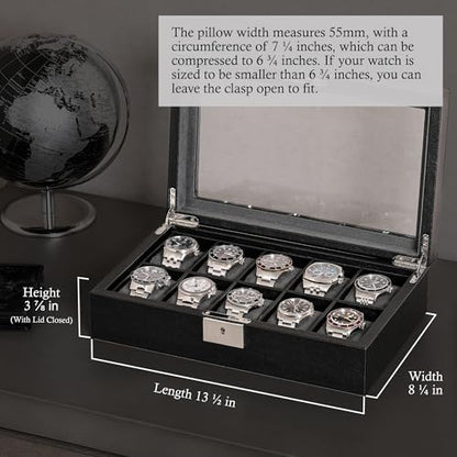 ROTHWELL 10 Slot Leather Watch Box - Luxury Case Display Jewelry Organizer - Locking Watch Display Case Holder with Large Glass Top - Box Organizer for Men and Women (Black/Grey) - color: Black / Grey