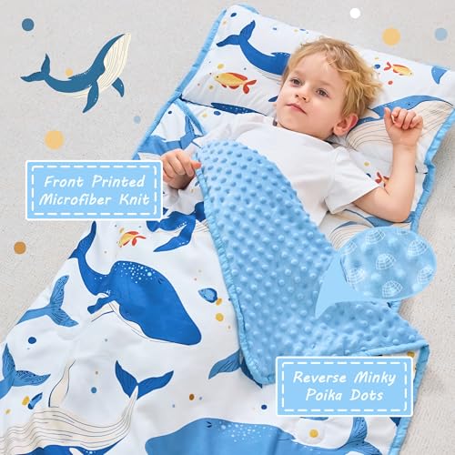Lasoftan Toddler Nap Mat with Pillow and Blanket, Extra Large Rolled Napping Mats,Slumber Bags for Boys Girls,Kids Sleeping Bag for Daycare, Preschool Travel Camping - color: Ocean Whale