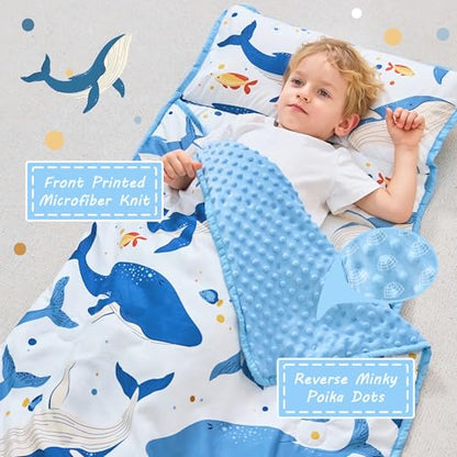 Lasoftan Toddler Nap Mat with Pillow and Blanket, Extra Large Rolled Napping Mats,Slumber Bags for Boys Girls,Kids Sleeping Bag for Daycare, Preschool Travel Camping - color: Ocean Whale