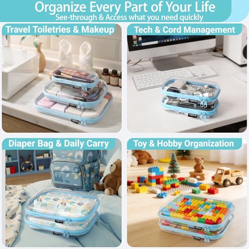 YQBRAO 3-Pack Large Clear Hard Shell Zipper Case, 1.2mm Rigid Toy & Cosmetic Bags, Heavy-Duty Diaper Bag Pouch Set with YKK Zippers, Waterproof Travel & Makeup Storage (Blue) - color: Blue, size: 3 Pack(L)