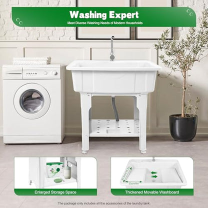 Freestanding Plastic Laundry Sink with Washboard, Indoor Outdoor Utility Sink with Cold and Hot Water Faucet, Hoses and Drain Kit for Laundry Room, Garage, Garden (31.5×22.05×31.5 Inch) - color: White, 31.5 x 22.1 x 31.5in