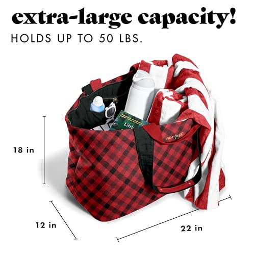 Fit & Fresh XL Beach Tote Bag for Women – XL Travel Tote with Zipper & Pockets, Oversized Canvas Pool Bag, Weekender Carry-On - color: Red Checkered
