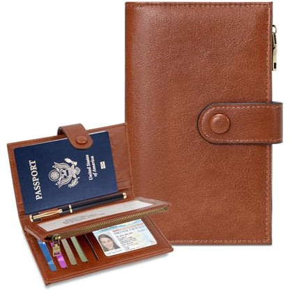 BKNOOU Rfid Blocking Passport Holder for Women and Men, Compact Travel Passport Wallet Leather Travel Wallet Trifold Clutch Wallet, Passport Cover Holds Cards, Tickets, Cash and Pen