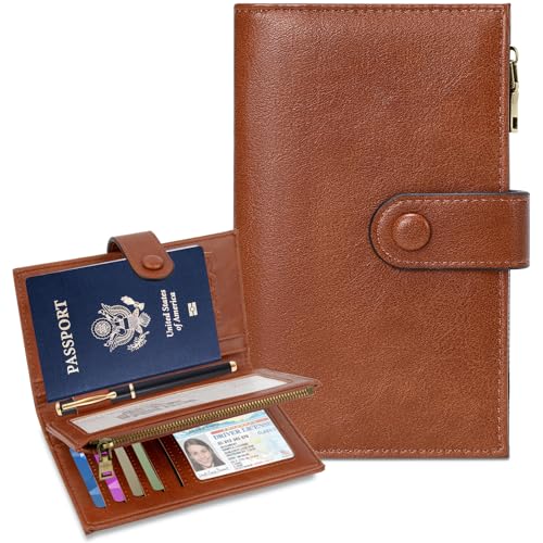 BKNOOU Rfid Blocking Passport Holder for Women and Men, Compact Travel Passport Wallet Leather Travel Wallet Trifold Clutch Wallet, Passport Cover Holds Cards, Tickets, Cash and Pen