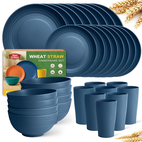 Teivio 32-Piece Kitchen Plastic Wheat Straw Dinnerware Set, Service for 8, Dinner Plates, Dessert Plate, Cereal Bowls, Cups, Unbreakable Colorful Plastic Outdoor Camping Dishes, Autumn Blue - color: Autumn Blue