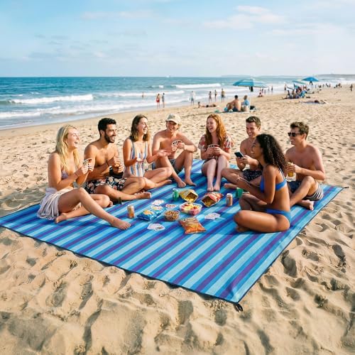 OIGAE Oversized Beach Blanket, 9×10 ft Sand-Free Outdoor Mat for Groups, Quick-Dry Picnic Blanket with Stakes & Corner Pockets, Blue Stripe - color: Blue Stripe, size: 9x10 Ft (2～8 person)