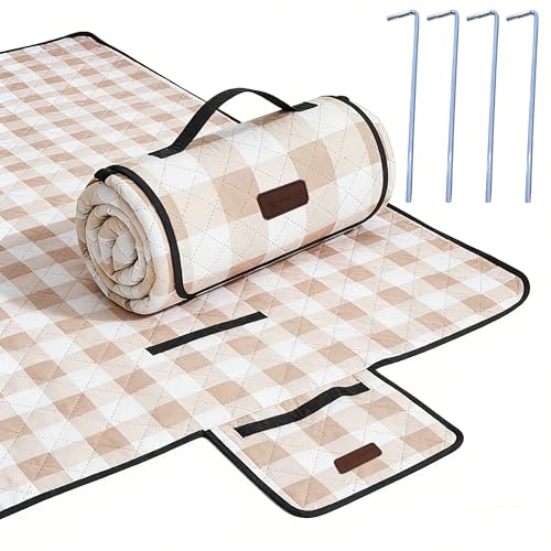 HX&OD Outdoor Picnic Blanket, Extra Large, 80''x80'' Waterproof Foldable Blankets Gingham Picnic Mat for Beach, Camping Grass Lawn Park Accessories Cute Couple Ideas Wedding (Light Brown, 80”x80”) - color: Light Brown, size: 6'8" x 6'8" (Square)