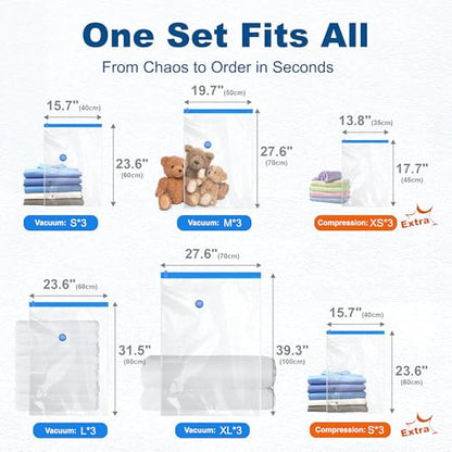 HOUSE DAY 18 Pack Vacuum Storage Bags with Electric Pump, Valve, Space Saver Vacuum Seal Bags for Clothing, Comforters, and Travel Essentials 3 Jumbo,3 Large,3 Medium,3 Small/3 Small,3 XS Roll Up Bag - size: 18 Combo-E PUMP