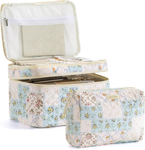 HBselect 2Pcs Travel Makeup Bag, Large Cotton Quilted Makeup Bag Cosmetic Bag Cute Make up Bag Toiletry Bags for Women Girls - color: 2PCS-BLYLFLOWER
