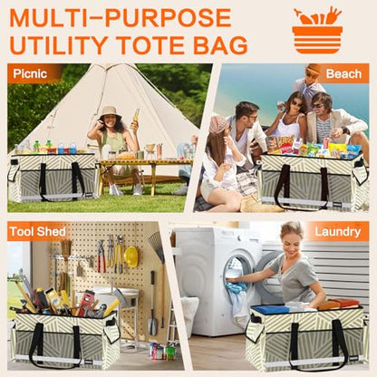 Extra Large Utility Tote Bag with Reflective Strip, Standing Reusable Grocery Bags with Hard Bottom, Collapsible Utility Tote with Handles for Shopping, Beach, Picnics, Car, Striped Gray - color: Twill Gray