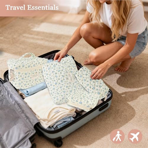 NATINSA Cute Makeup Bag for Women(2 Pcs), Travel Cosmetic Bags, Quilted Coquette Aesthetic Floral Toiletry Organizer Bag (47 - BlueMuDan) - color: 47 - BlueMuDan