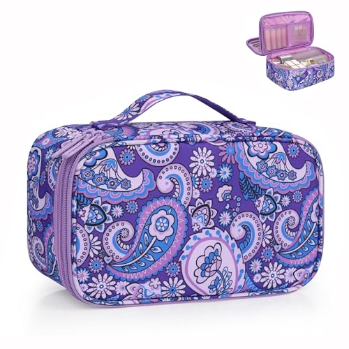 Relavel Travel Makeup Bag, Small Floral Cosmetic Bag with Makeup Brush Compartment, Portable Makeup Pouch for Women, Double Layer Cute Toiletry Organizer Bag, Purple Flower - color: 01C-Floral Purple, size: MEDIUM