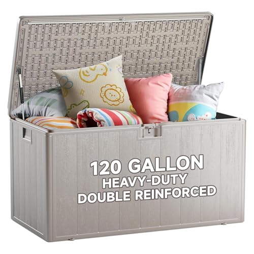 120-Gallon Heavy-Duty Deck Box, Constructed with Double-Wall Waterproof Resin and featuring a Lockable Lid with UV Protection for Ultimate Outdoor Storage (Gray)