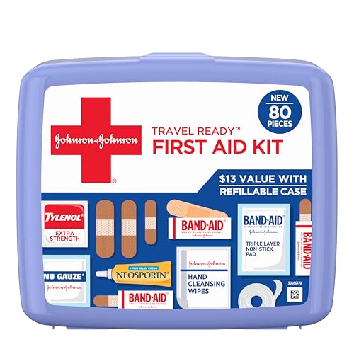 BAND-AID Brand Travel Ready Portable Emergency First Aid Kit, Minor Wound Care, Perfect for Home, Car, Camping, Travel & Outdoor Essentials, Supplies Include Bandages, Neosporin & Tylenol, 80 Piece - size: 80 Piece