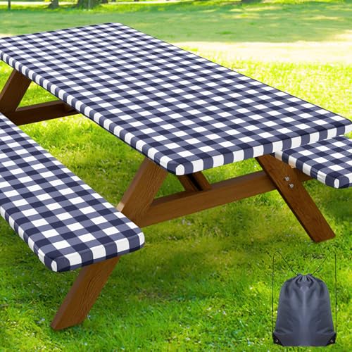Smiry Picnic Table Cover with Bench Covers, Waterproof Elastic Fitted Tablecloths for 24x48 Rectangle Tables, Washable Buffalo Plaid Tablecloth for Camping, Outdoor (Navy & White, 24" x 48") - color: Navy and White, size: 24" x 48"