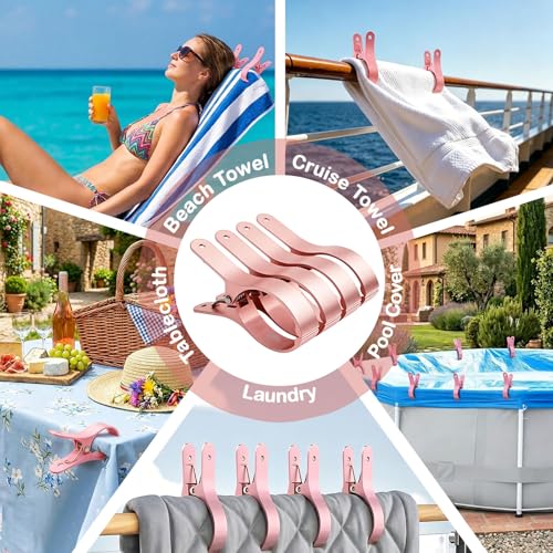 4 PCS Extra Large Beach Towel Clips,5.1 Inches Heavy Duty Aluminum Alloy + Stainless Steel Clip for Chairs,2.95 Inch Opening,Portable Windproof Cruise Ship Essentials,for Laundry,Camping and Travel - color: Pink